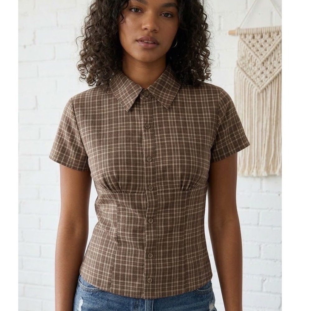 Pretty Garbage Y2K Brown Plaid Corset Style Short Sleeve Button Up Shirt M NWT